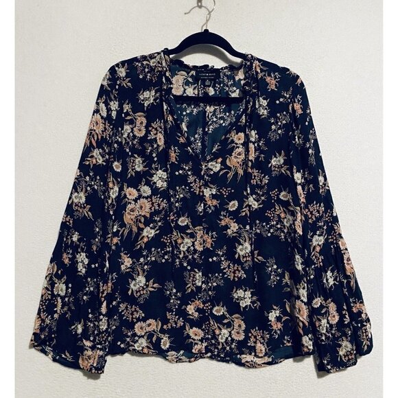 Lucky Brand Top Womens Medium Blue Floral Tie Neck Bell Sleeve Boho Peasant - Picture 1 of 7